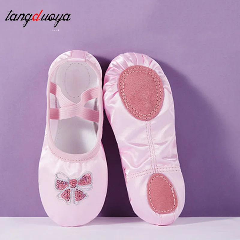 Children's Dance Shoe Soft Sole Practicing Bow Satin Ballet Dance Girl Indoor Yoga Gym Dance Shoes Gymnastics Shoes