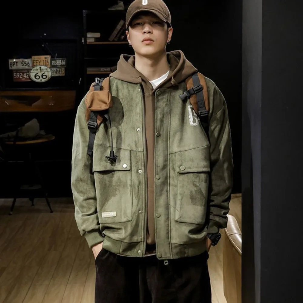 Vintage Spring and Autumn New Heavyweight Deerskin Fleece Panel Baseball Jersey Men's Multi Pocket Hooded Jacket Jacket