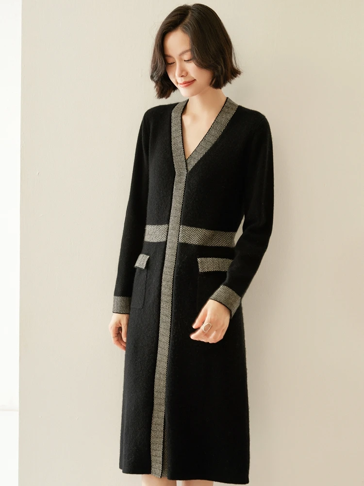 

MEETCC Women 100% Cashmere Long Dress V Neck Fit Knitwear Autumn Winter Grace Soft Dress OL Quality Sweater Dress Korean Style