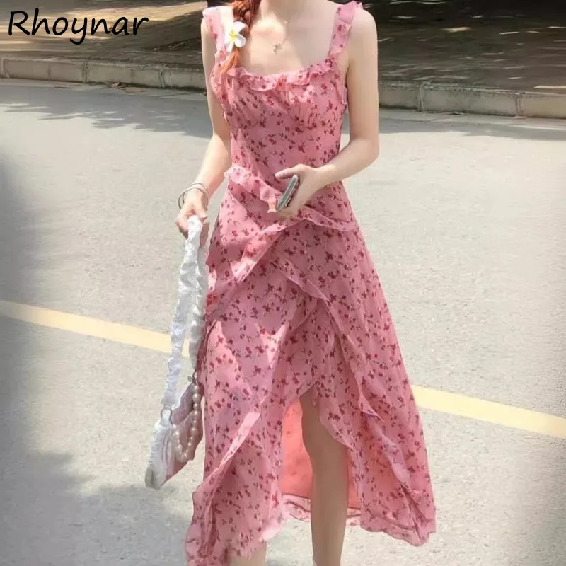 Dresses Women Floral French Ruffles Defined Waist Harajuku Chic Trendy Sweet Lovely Girls Summer Irregular Vestidos Y2k Casual