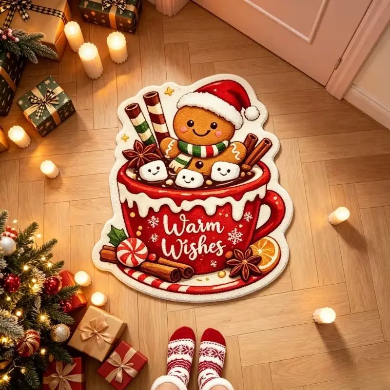 VIKAMA Christmas Stocking Reindeer Checkered Rug, Soft Plush Absorbent Bath Mat, Non-Slip Indoor Entryway Mat, Home Decor