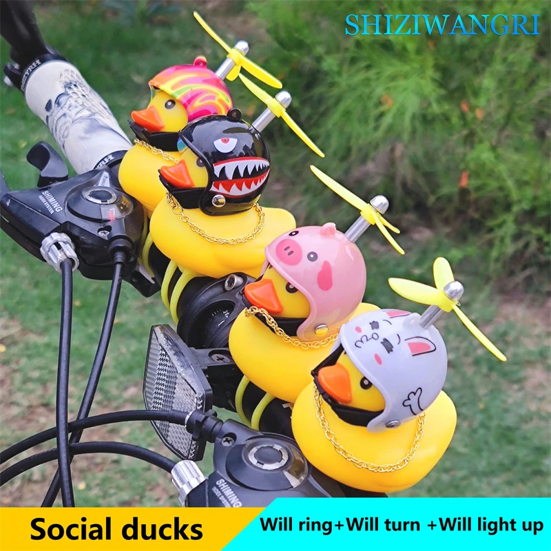 Small  Yellow Duck Bike Bell With Helmet Bike Motor Glowing Duck Bike Decoration Cycling Manual Horn Bicycle Accessories