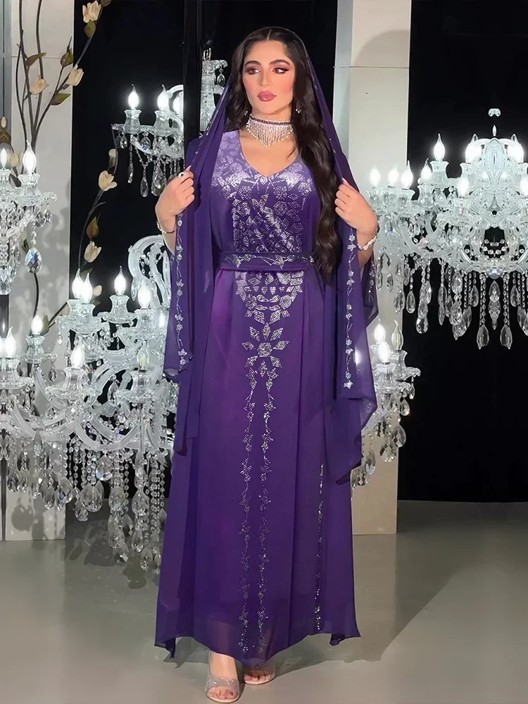 Long Sleeve Hijab Party Dress for Women Muslim Diamond Abaya Chiffon Maxi Vestidos Morocco Kaftan Turkey Arabic Long Robe 2023