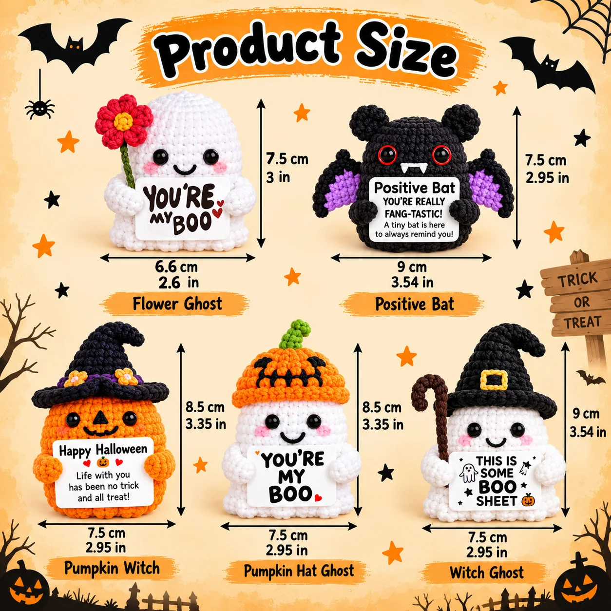Halloween Positive Crochet Bat You're My Boo Ghost Doll Handmade Cute Spooky Amigurumi Plush Ornament Party Home Decor Gift