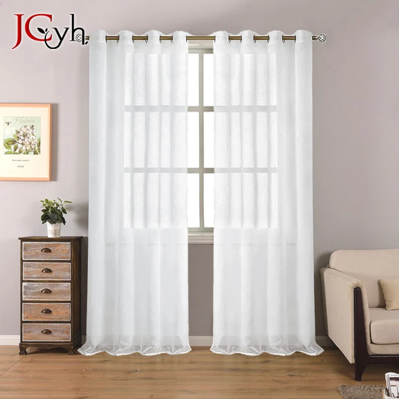 Linen Look Hall White Sheer Curtains for Living Room Bedroom Tulle Curtain for Kitchen Window Ready-made Modern Rideau Cortinas