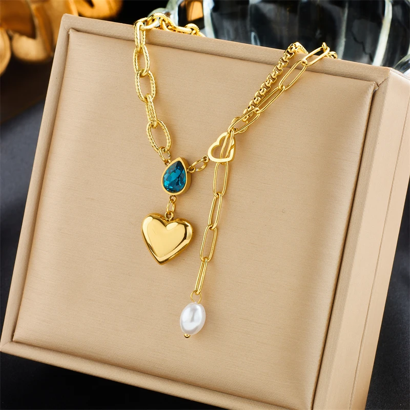 XIYANIKE 316L Stainless Steel Vintage Gold Color Beads Necklace Luxury Heart Droplet Butterfly Necklace for Women Jewelry Gifts