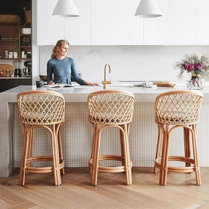 

Bar stool household Japanese simple bar chair medieval rattan island table backrest high chair B & B cafe