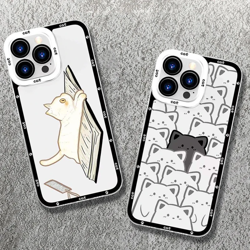 Cute Cartoon Couple Cat Soft Phone Case For iPhone 11 14 13 12 Pro Max Mini 7 8 Plus Clear Cover For iPhone 15 Pro Max Cases