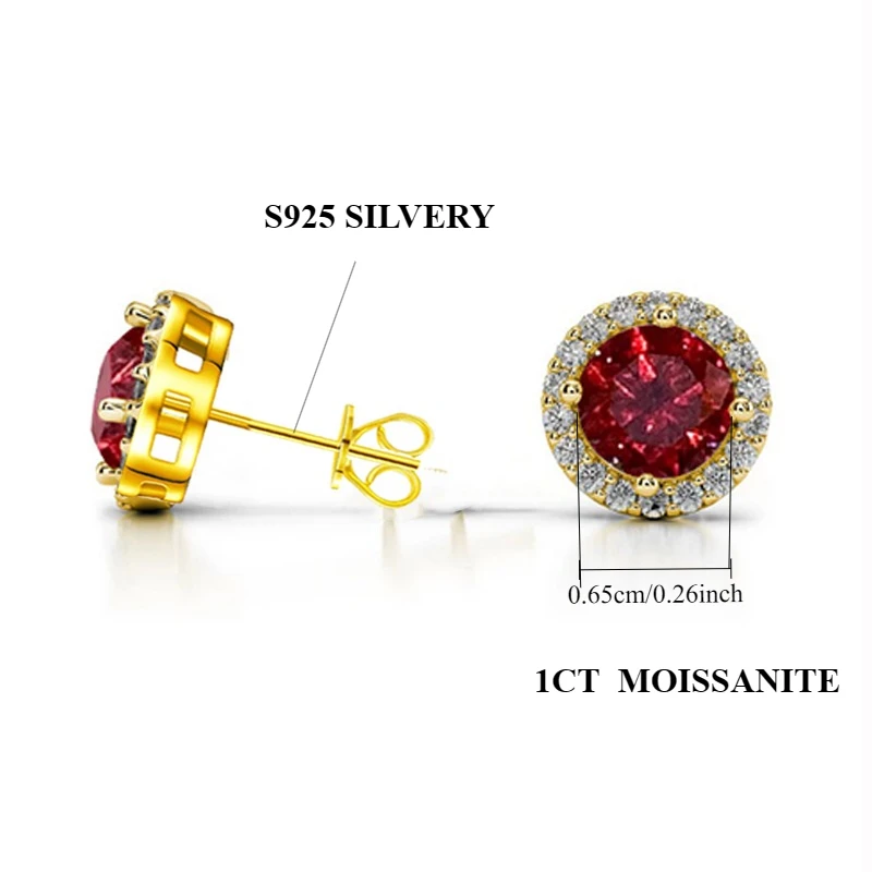 الكلاسيكية 100% مويسانيتي 925 فضة روبي 6.5 مللي متر قطع مستديرة هالة الأبيض الماس وأقراط مجوهرات #4