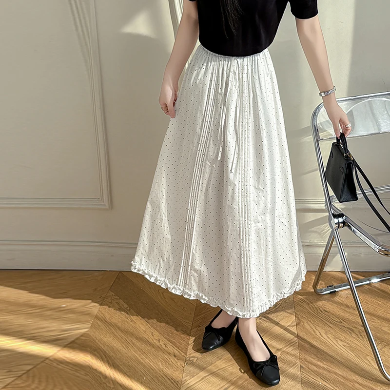 

Новая корейская модная юбка в горошек для женщин, летняя, с эластичной талией, на шнуровке, драпированная, с оборками, А-силуэт, с рюшами, Jupe
