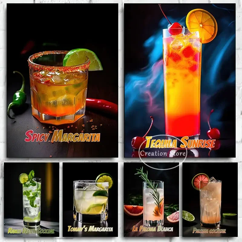 Tequila Tommys Margarita Paloma Cocktail Drink Poster Neon Style Canvas Painting Print Wall Pictures Bar Restaurant Room Decor