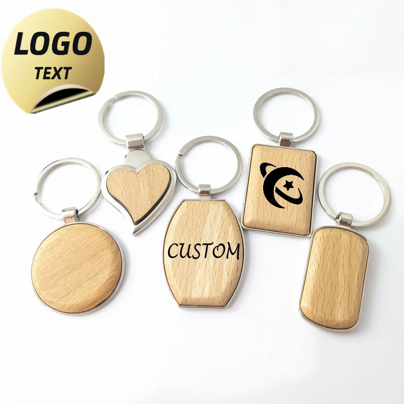 Custom Logo Double-sides Keyring Wood Heart Round Shaped Metal Key Chains Personalize Laser Engrave Hotel Room Number Keychain