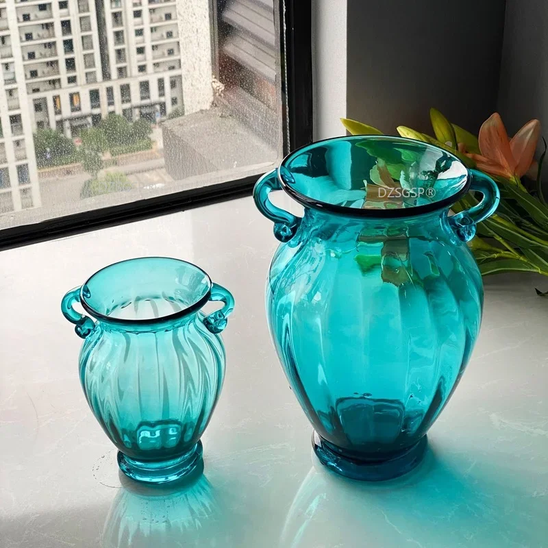 Modern Hydroponic Flower Vase Wedding Decoration Accessories Nordic Handle Stained Glass Vase Living Room Countertop Decoration