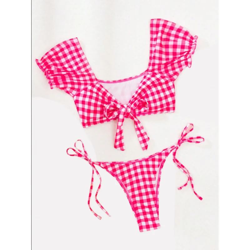 특별한 투피스 수영복 섹시한 비키니 소녀 격자 무늬 넥타이 수영복 여성용 해변 휴가 수영복