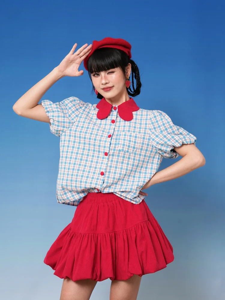 

NOPMOB Red And Blue Color Blo Plaid American Sle ort Sve irt Dr Set Женский летний свободный крой из хлопка Bubble Sve...