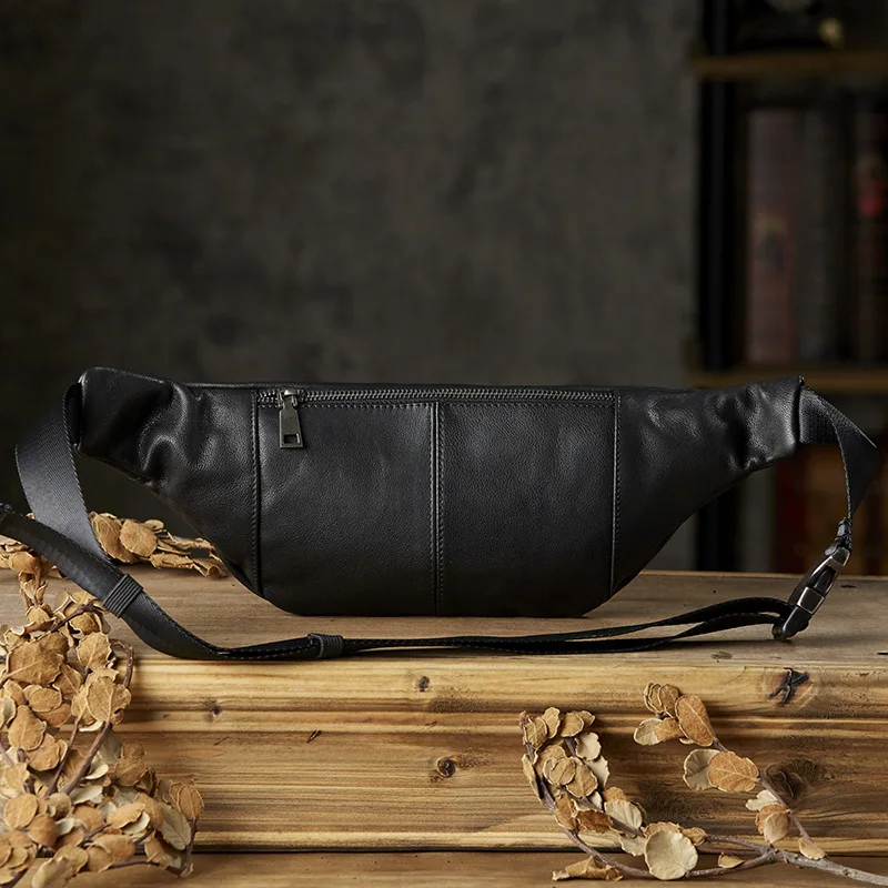 High Quality Cowhide Men\'s Waist Bag Black Genuine Leather Fanny Chest Pack Belt Bag Male Daily Waist Bag For Phone Pouch