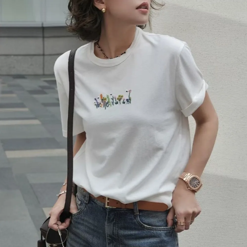 Wildflower Classic Crew Neck T-Shirt Embroidered Back Pockets - Simple Top