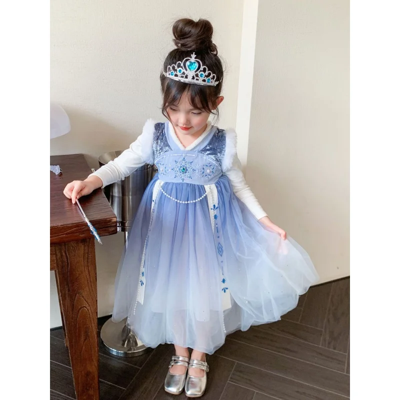 Vestido luminoso princesa Elsa para meninas, manga comprida, hanfu melhorado, novo, outono