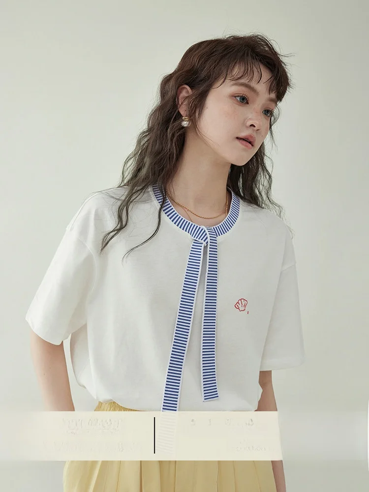 

AMUU Original Color Block Tie Dye round Neck Short Sleeve Women's T-Shirt Summer Design Embroidery Top French Style Loose Fit