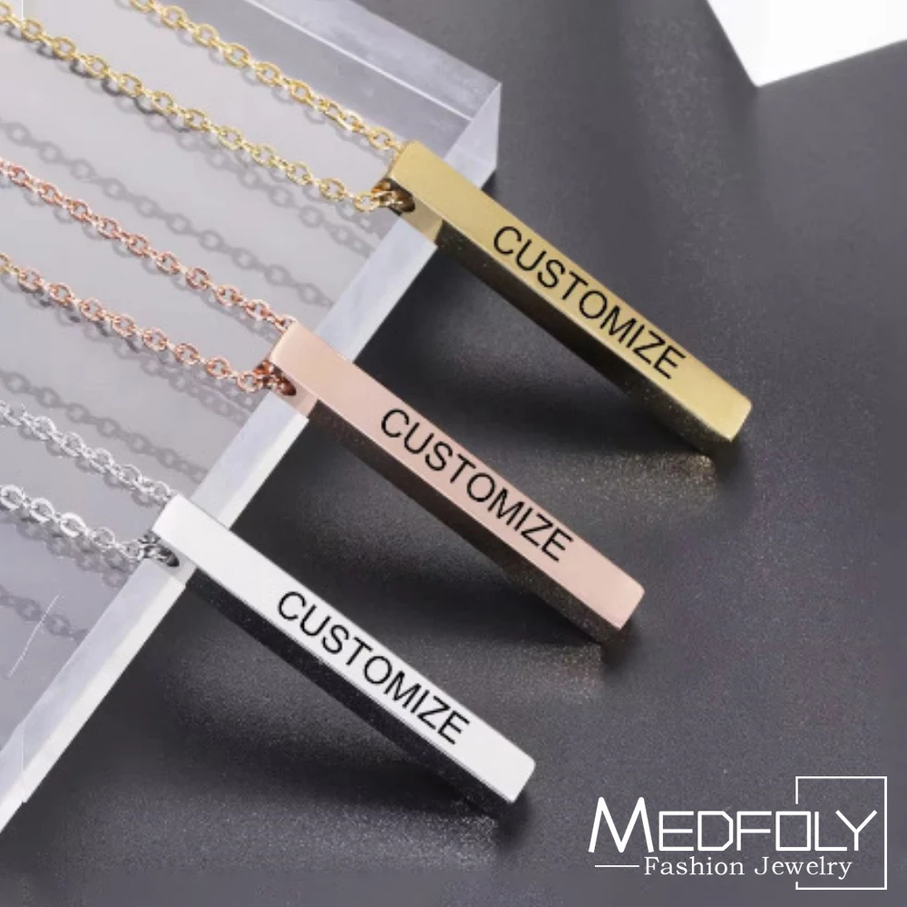 

MEDFOLY Personalized Custom 4 Sided Vertical Bar Necklace Engraved Name/Date/Coordinates Necklace Stainless Steel Jewelry Gifts