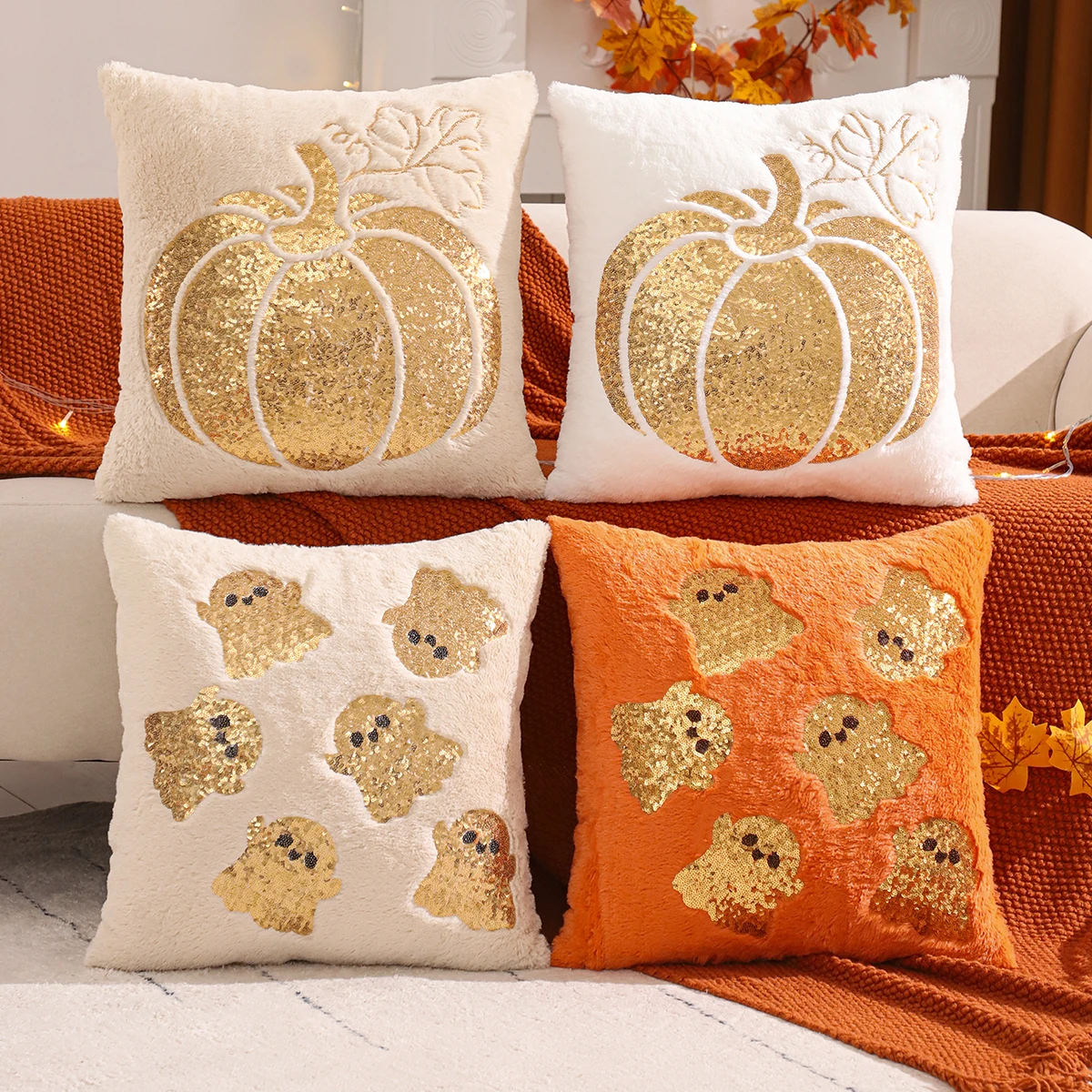 1 PC Halloween Decoration Throw Pillow Cover Pumpkin Gold Sequin Embroidery Plush Autumn Thanksgiving Harvest Home Living Room