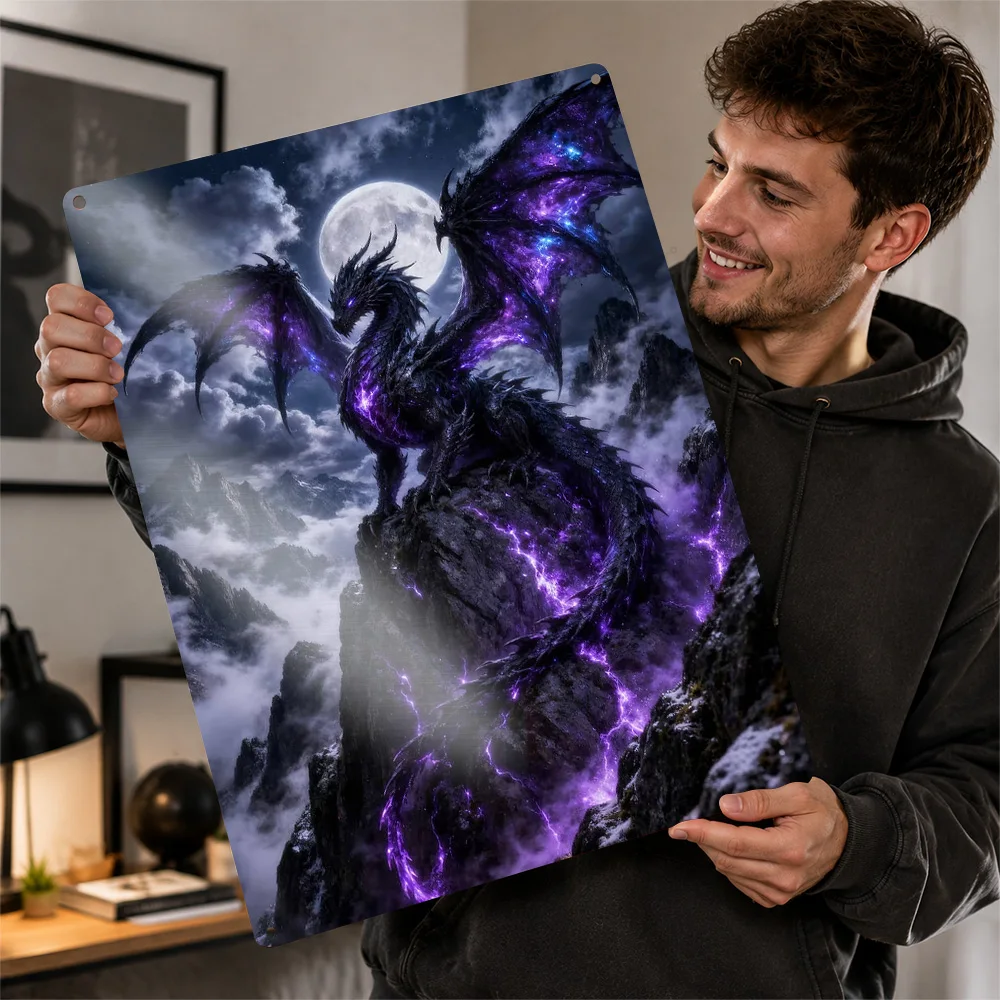 Majestic Dragon On Mountain Peak Textured Poster Personalized Aluminum Metal Sign Dark Gothic Style Wall Art For Bedroom Decor