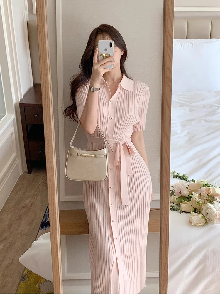 Korejpaa Knitwear Summer Dress Korean Fashion Gentle Pink Turn-down Collar Bodycon Dresses Women Solid Sweet Vestidos Femme