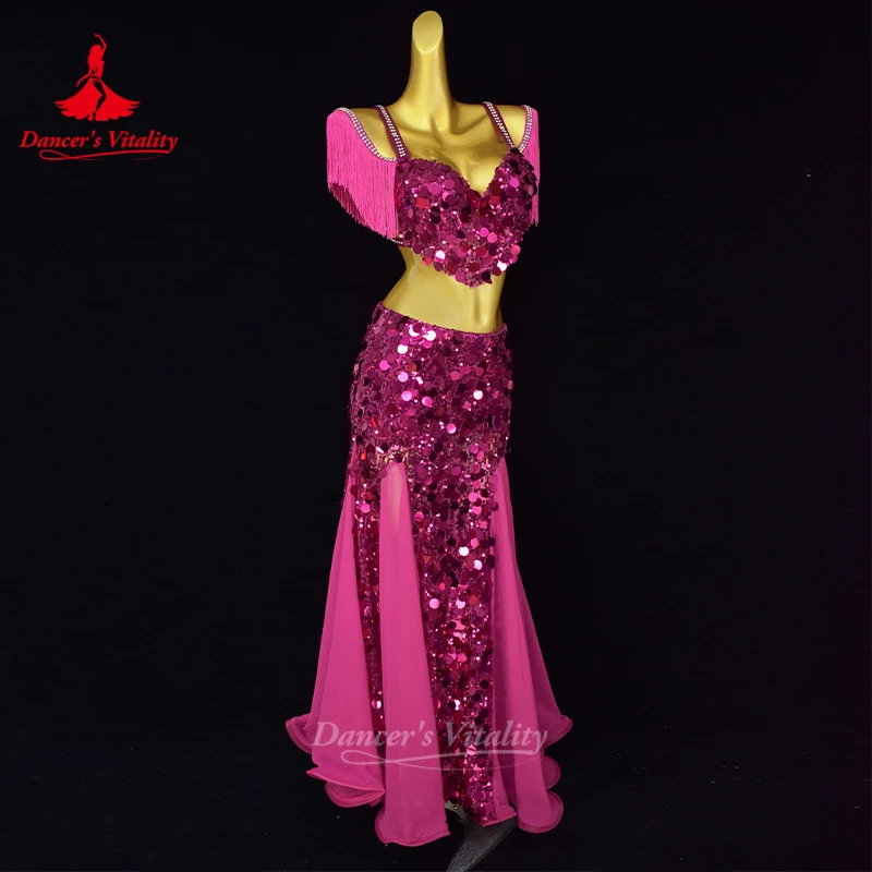 بدلة أداء الرقص الشرقي للنساء حمالة صدر كبيرة ترتر + تنورة طويلة قطعتين ملابس منافسة احترافية للرقص الشرقي