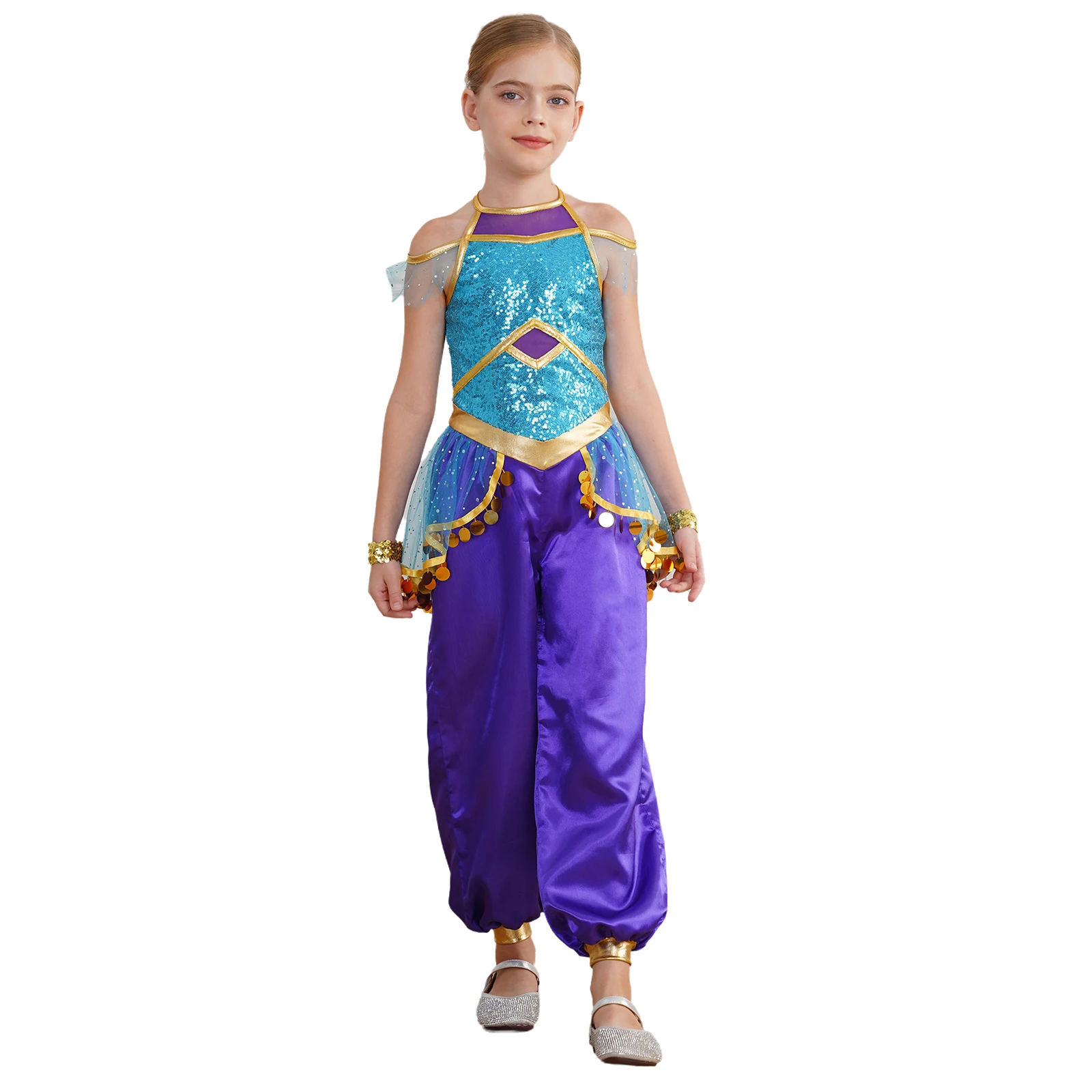 Kids Girls Halloween Arabian Princess Costume Sleeveless Tulle Sequin Bodysuit Belly Dance Carnival Theme Party Cosplay Dress Up