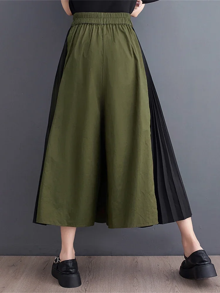 XITAO Women Pants Fashion New Small Fresh Pocket Pleated Elastic Waist Solid Color New Wide Leg Pants 2024 Summer WLD11629