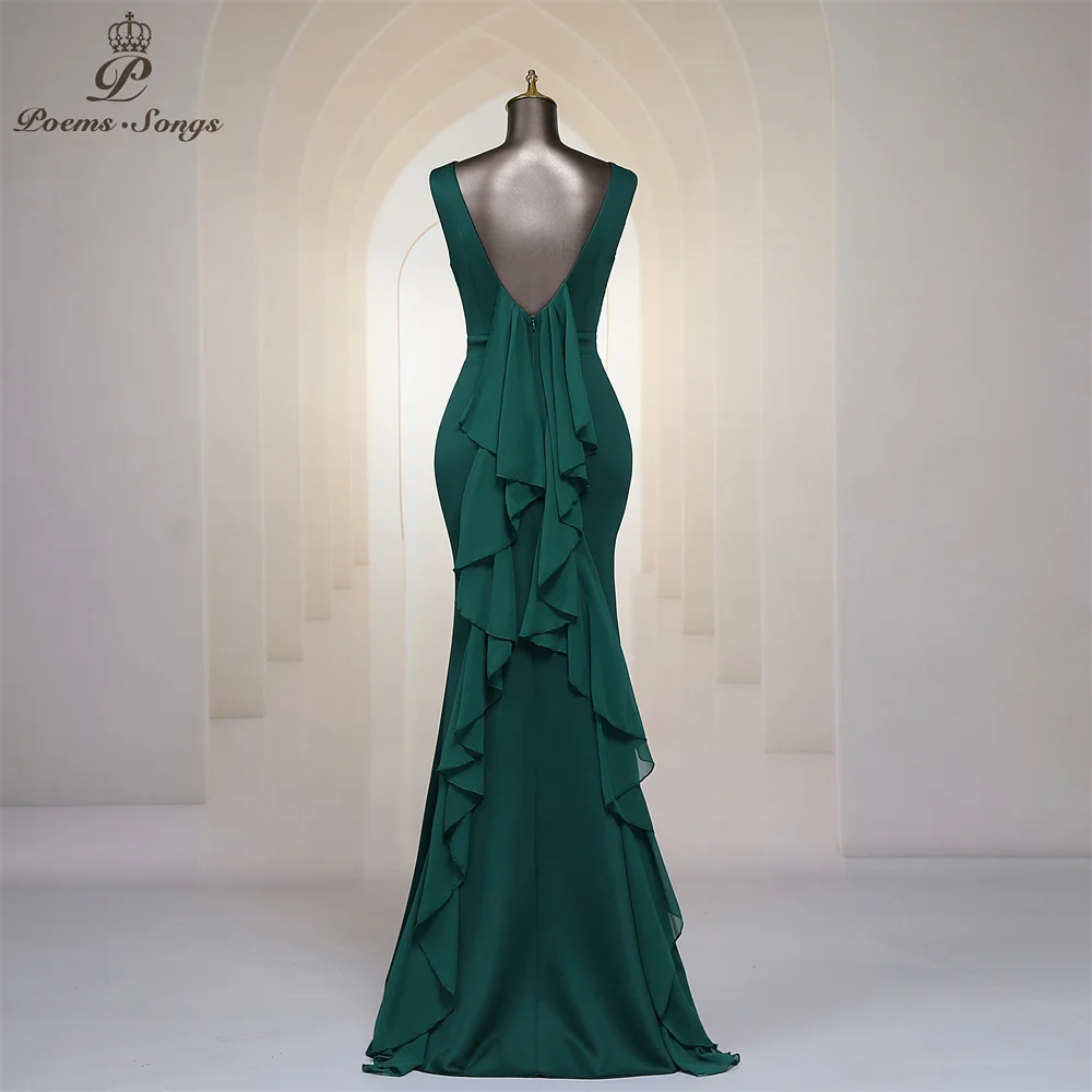 Graceful Mermaid Green Evening Dress Ruffles Streamer V Back Jewel Neck Sleeveless Long Prom Dresses Party For Women Maxi dress