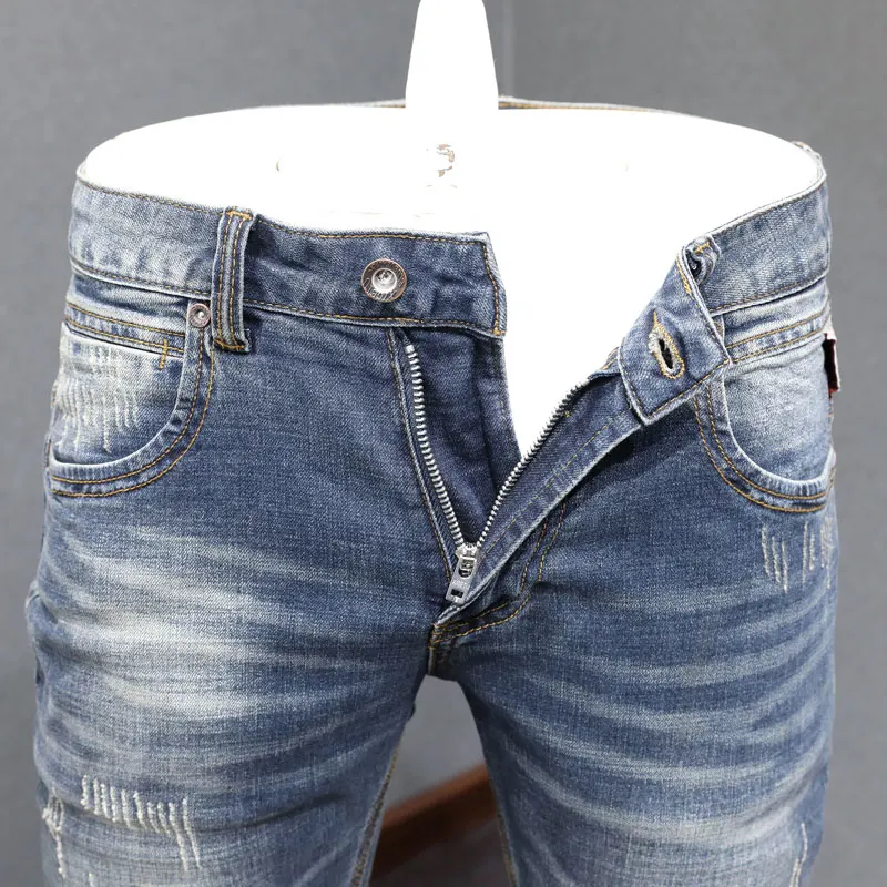 Italian Style Fashion Men Jeans Retro Washed Blue Stretch Slim Fit Ripped Jeans Men Vintage Designer Casual Denim Pants Hombre
