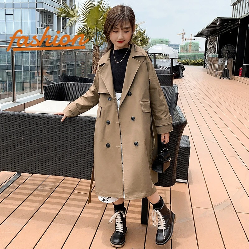 

2023 Spring Autumn Cotton Teen Girls Long Trench Coats New Fashion England Style Windbreaker Jacket For Girls Children Clothing