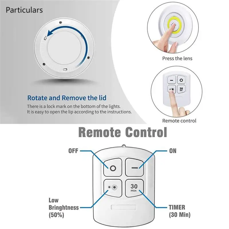 Lampe LED COB à Intensité Réglable pour Sous-Meuble, Veilleuse de Placard, Bouton Poussoir, Lumière d'Escalier, Lumière de Cuisine, Joli à Distance, 3W