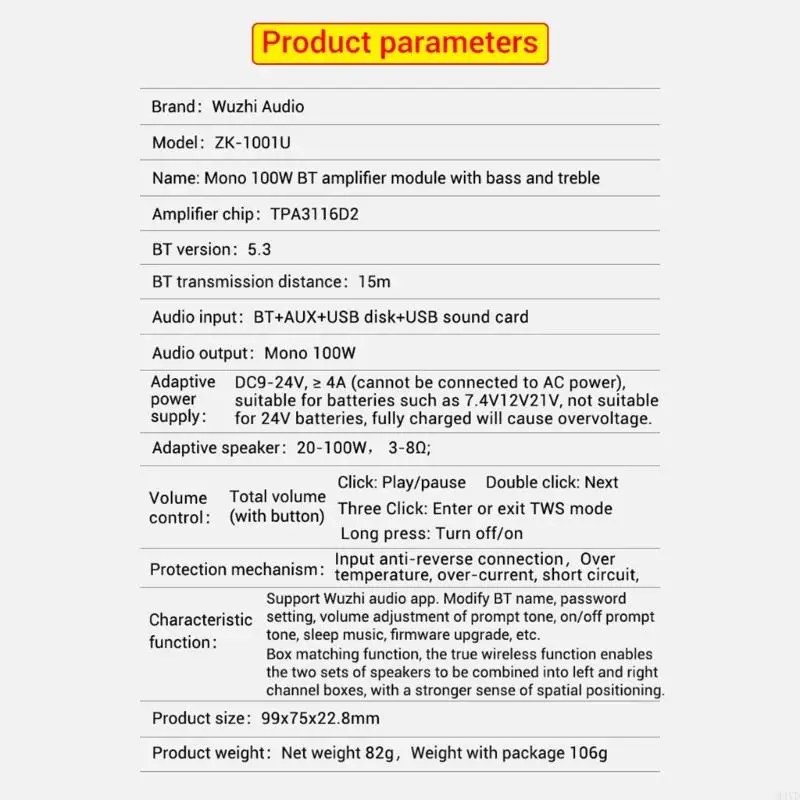 Boosts 100W Mono Bluetooth-compatible Amplifier Integrated boosts Module for Sound Modifications M4YD