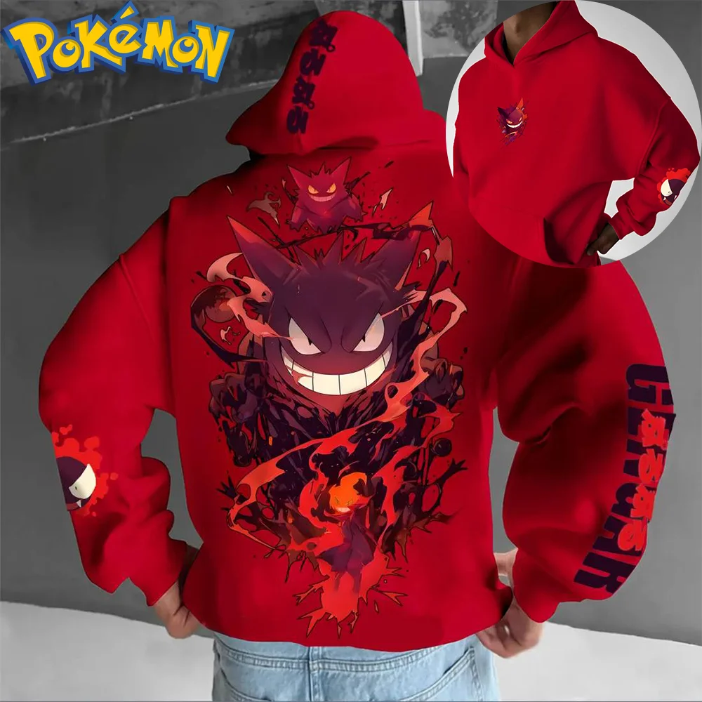 Pokemon anime gengar algodão hoodie harajuku calças conjunto vermelho roxo fantasma padrão duas peças roupa casual streetwear