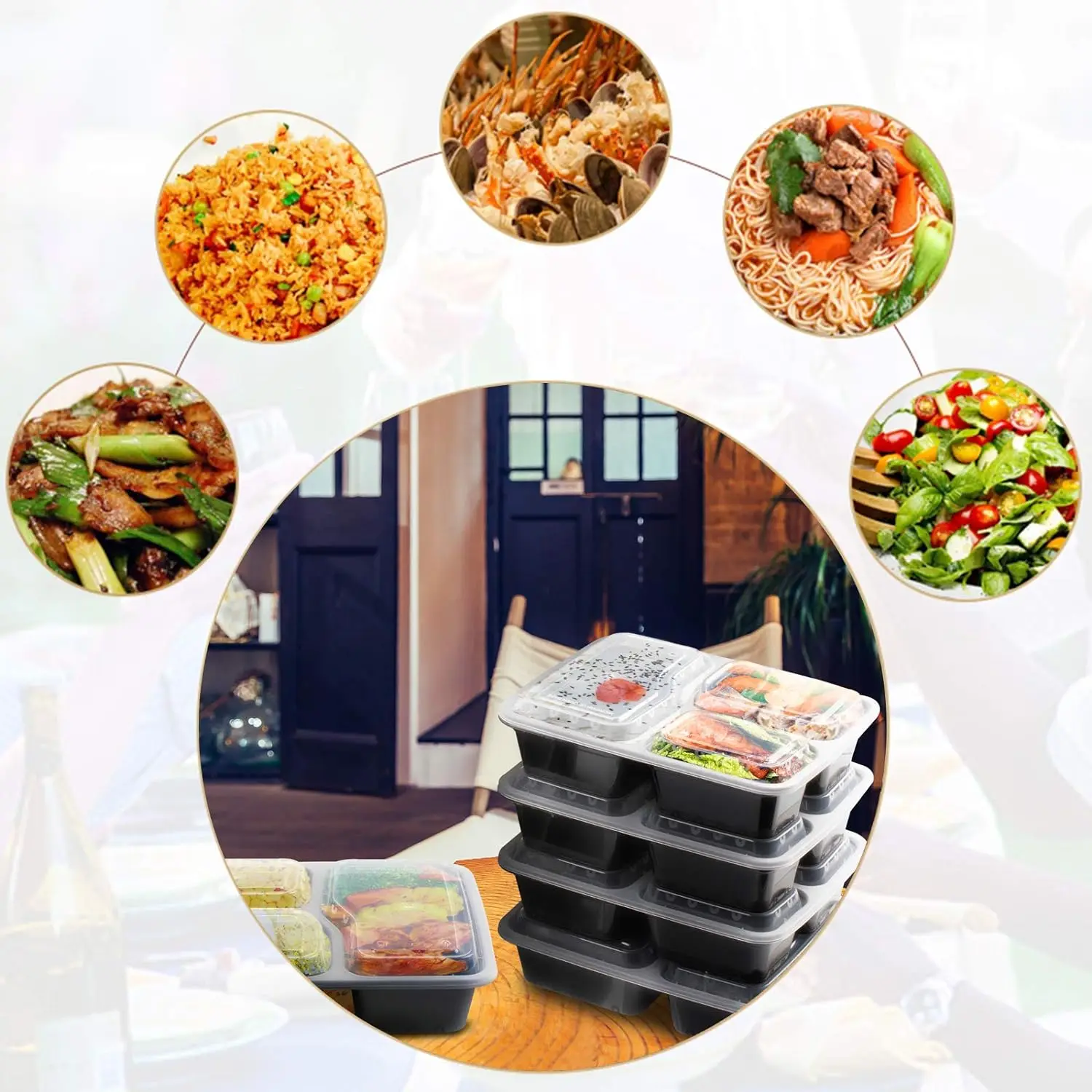 10PCS/Set Meal Preparation Container 3 Compartment Lunch Box 1 Compartment with Airtight Lid Microwave Heatable Food Container F