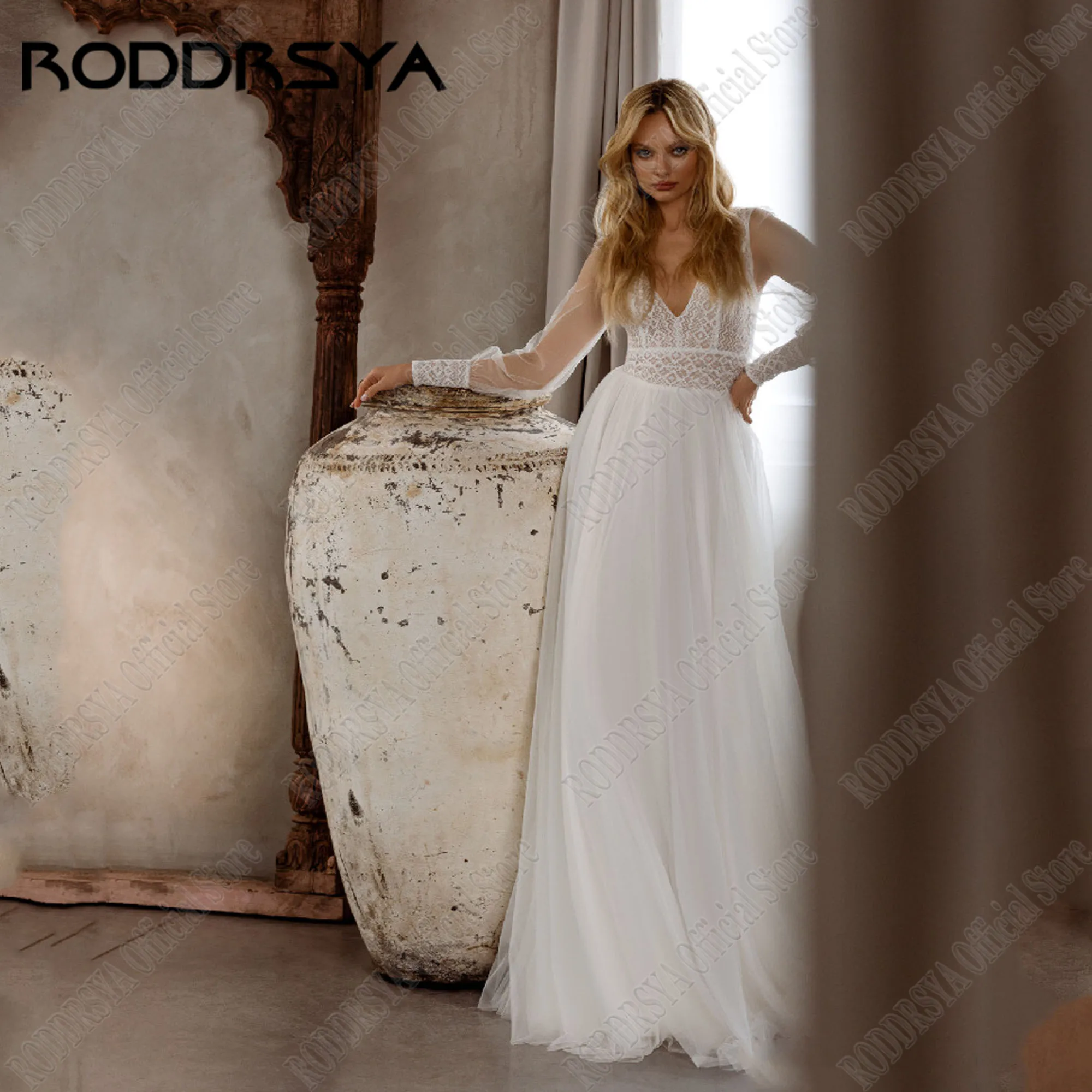 

RODDRSYA V-Neck Civil Wedding Dress Long Sleeves Lace A-Line Bride Gowns Applique vestidos de novia 2025 Plus Size Customized