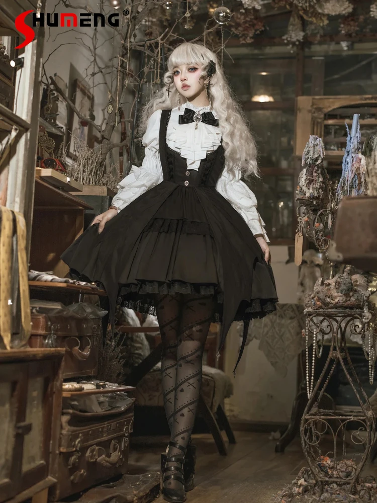 Original French Elegant Court Style Retro Strap Dress Shirt Set Autumn Women's Gothic Slim Fit Lolita Dress Halloween Cos Dress