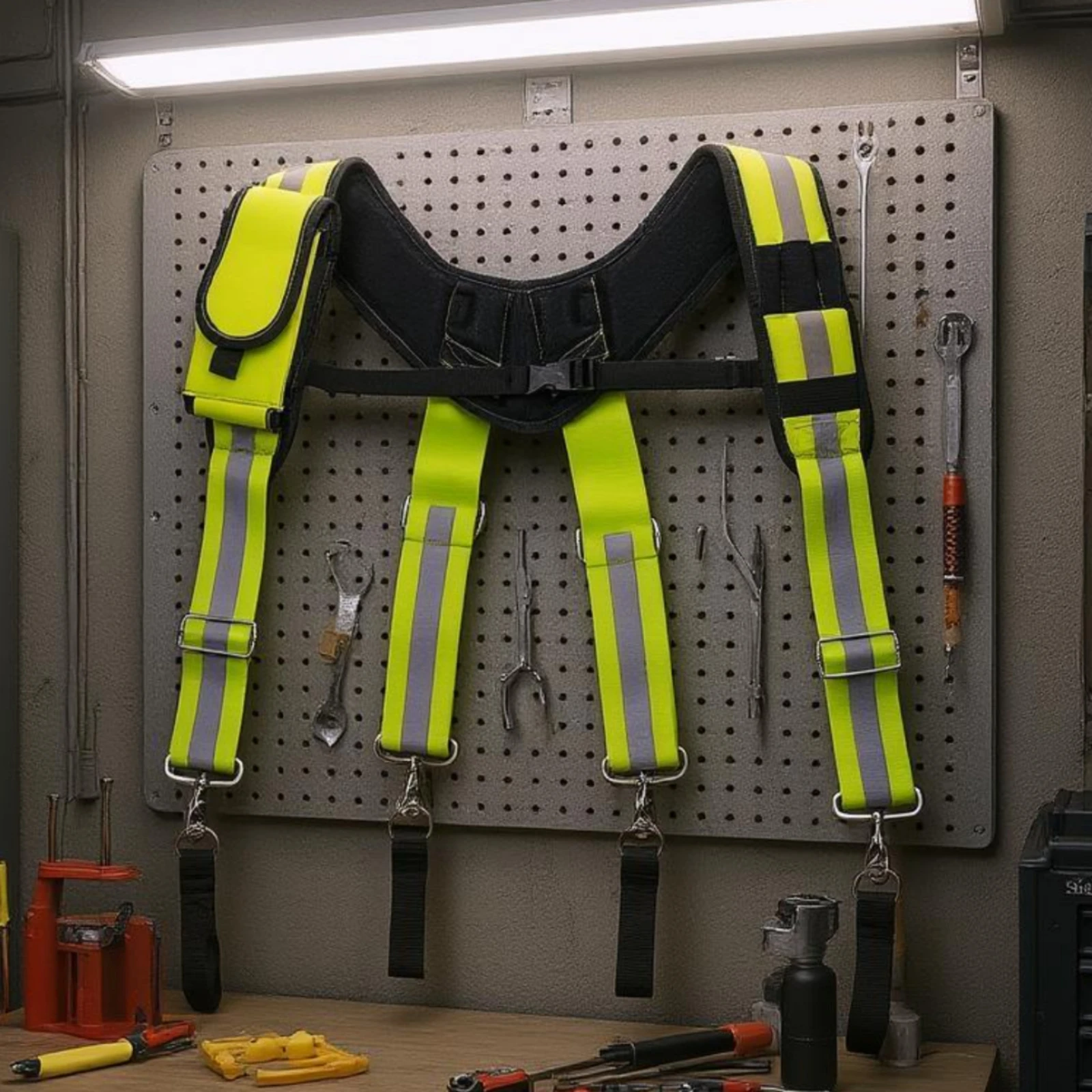 X-Shaped Tool Harness Fluorescent Green Padded Tool Suspenders Suspender Harness Metal Clips Work Gear Weight Distributing 4