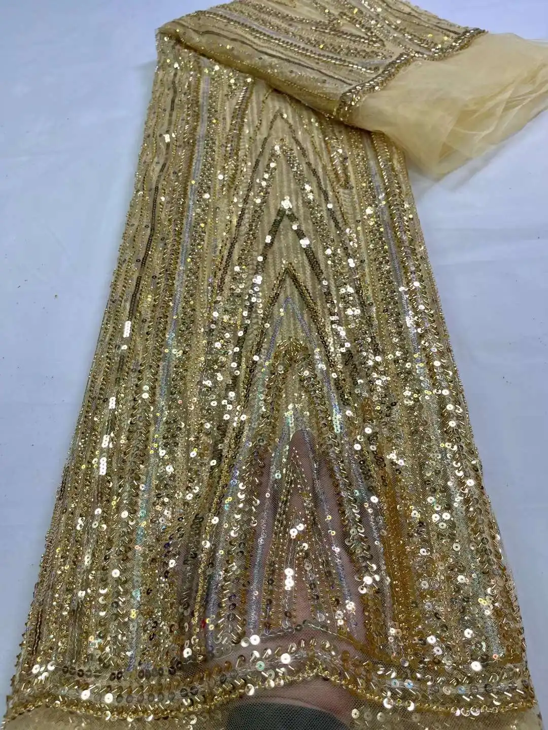 

High quality Beads Embroidery Beads tube French tulle net, African Golden Beads Fabric For Women's Party dresses .Weddings