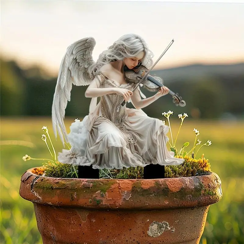 VEHO-White Angel Playing Violin Acrylic Garden Stakes Flower Pot Lawn Farm Decoration Ground Plug Decoration Sign