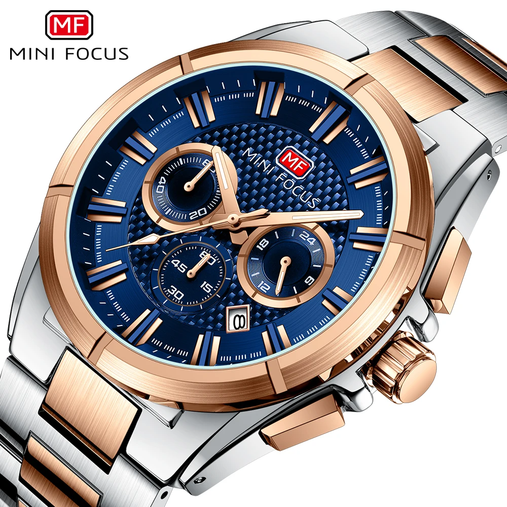 MINI FOCUS Sports Quartz Mens Watches Top Brand Luxury Multifunction Date Display Fashion Waterproof Watch Stainless Steel 0495G