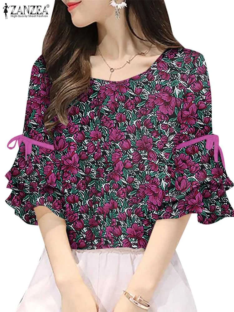 2024 ZANZEA Summer Blouse Women Short Sleeve Floral Printed Casual Shirt Elegant Work Blusas Bohemian Stylish Holiday Tops Tunic