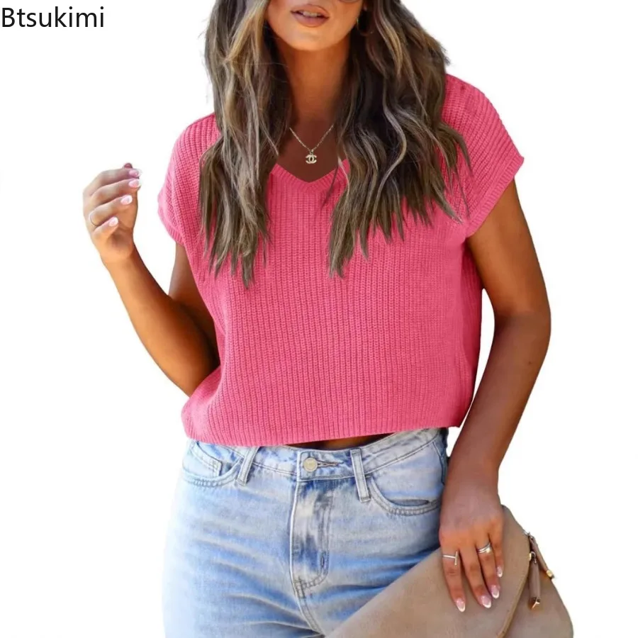 

Women's V-Neck Knitted T-shirts Solid Color Simple Versatile Loose Knit Pullover Top Comfortable Breathable T-shirt Streetwear