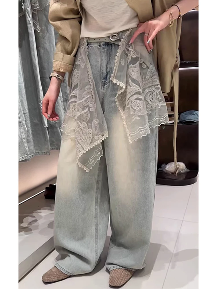 

Spring 2026 Women's Loose Fit Straight Leg Lace Detail Denim Pants High Waist Wide Leg Casual Pure Color Versatile Jeans