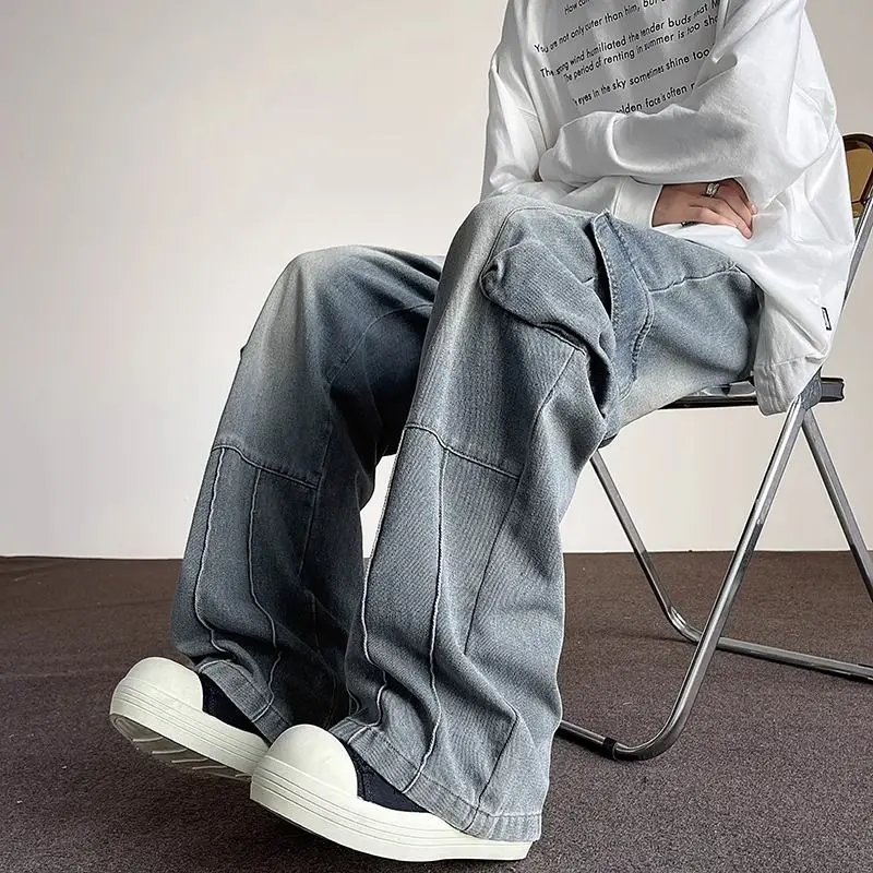 New Style Washed Retro Large Pocket Work Jeans Men Autumn Wide Leg Casual Long Pants