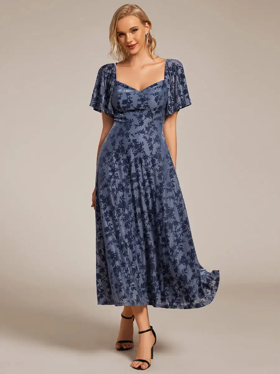 Elegant Evening Dresses Square Neckline Tea length Jacquard Decoration 2025 Ever Pretty of Dusty Navy Wedding Guest Dresses