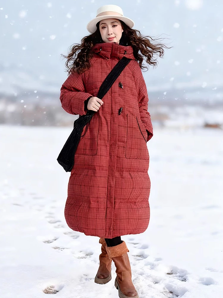 115-135cm Bust Winter Down Jackets Women Elegant White Duck Down Windproof Thick Warm Long Red Plaid Hooded Down Puffer Jackets
