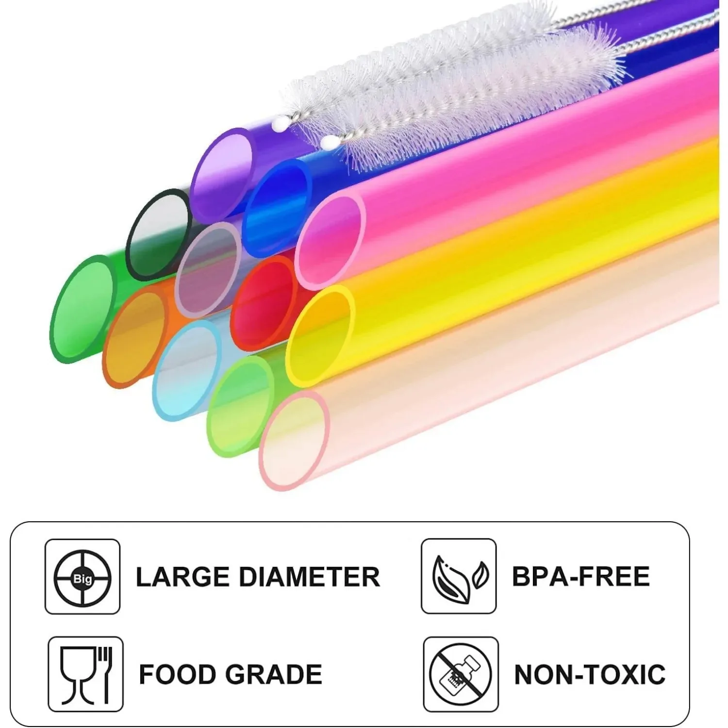 Bubble tea straws, reusable, with 2 cleaning brushes, extra wide colorful reusable juice straws and boba straws, 12 pieces